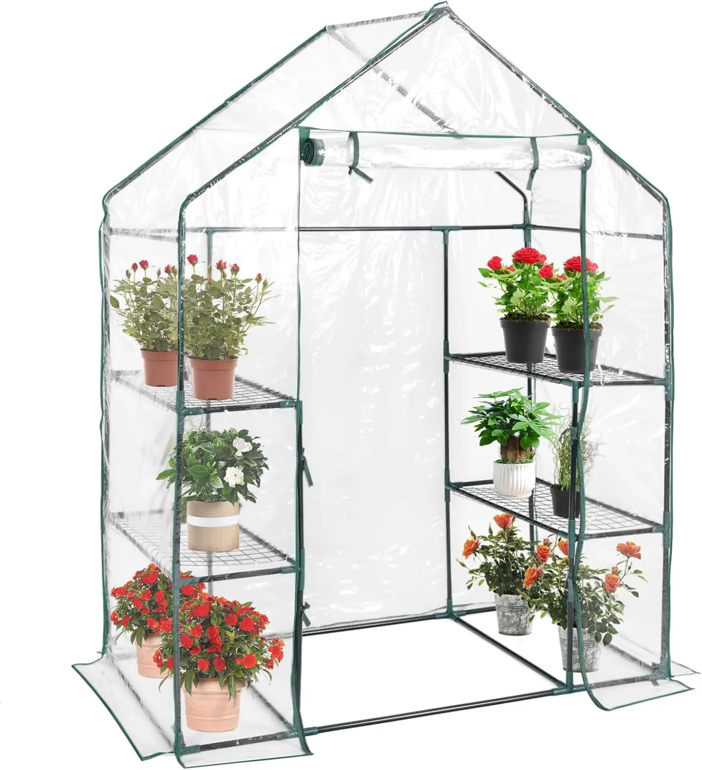 COSTWAY Gewächshaus Foliengewächshaus, Treibhaus mit 2 Pflanzenständern & aufrollbaren Tür, Tomatenhaus Tomaten, Pflanzenhaus mit PE Gitterfolie, 143x73x195cm, Weiß und transparent - Bild 1