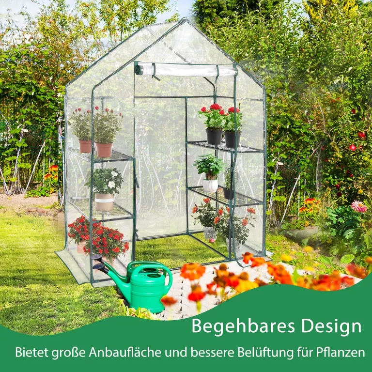 COSTWAY Gewächshaus Foliengewächshaus, Treibhaus mit 2 Pflanzenständern & aufrollbaren Tür, Tomatenhaus Tomaten, Pflanzenhaus mit PE Gitterfolie, 143x73x195cm, Weiß und transparent – Bild 3