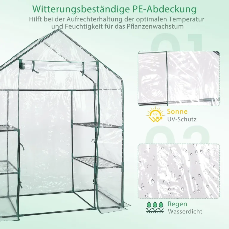 COSTWAY Gewächshaus Foliengewächshaus, Treibhaus mit 2 Pflanzenständern & aufrollbaren Tür, Tomatenhaus Tomaten, Pflanzenhaus mit PE Gitterfolie, 143x73x195cm, Weiß und transparent – Bild 4