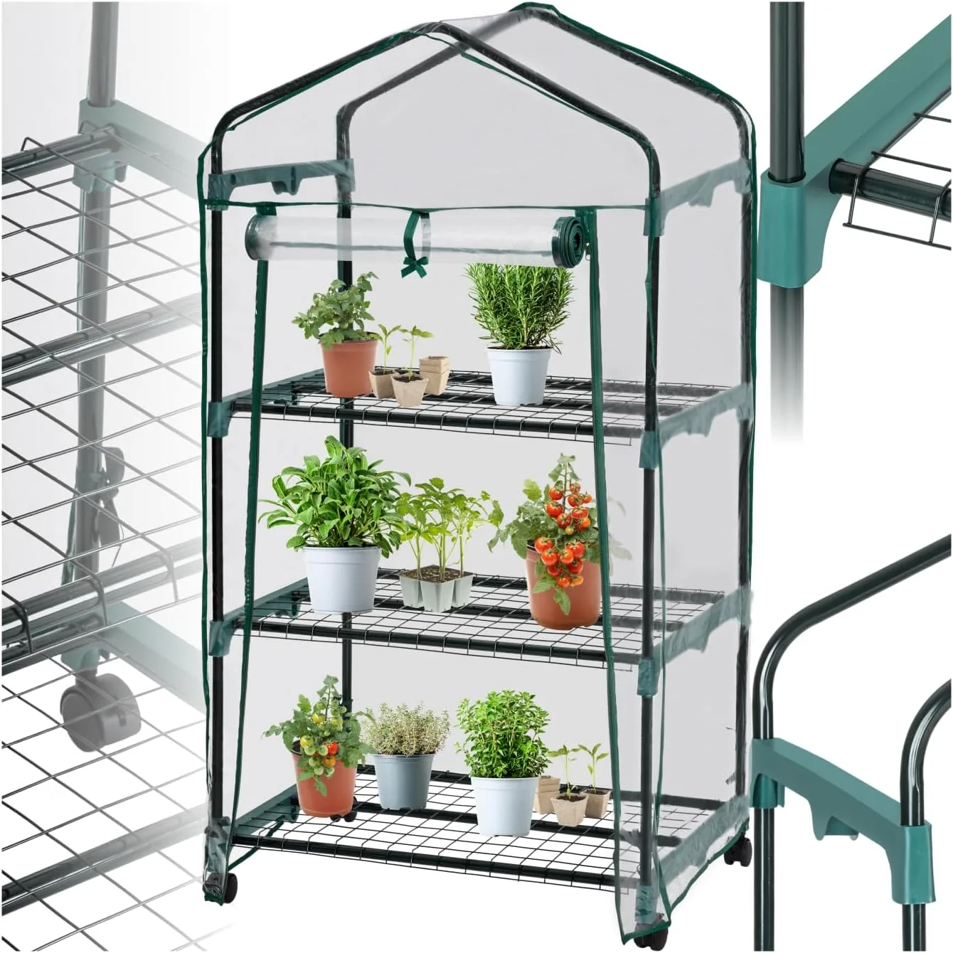 tectake® Mobiles Foliengewächshaus mit 3 Ablagen, Gewächshaus auf Rollen, stabil, UV stabilisierte PVC Folie, schützt Pflanzen vor Kälte, Regen und Frost, für Balkon, Garten Terrasse, 69 x 49 x 133 cm - Bild 1