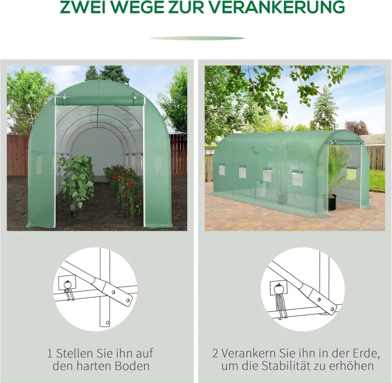 Outsunny Gewächshaus 500x200x205cm Foliengewächshaus Tomatenhaus mit Tür, 8 Fenster, Folientunnel aus verzinktem Stahl, PE, stabiles Treibhaus Pflanztunnel, inkl. Erdanker & Seilen, Grün – Bild 6