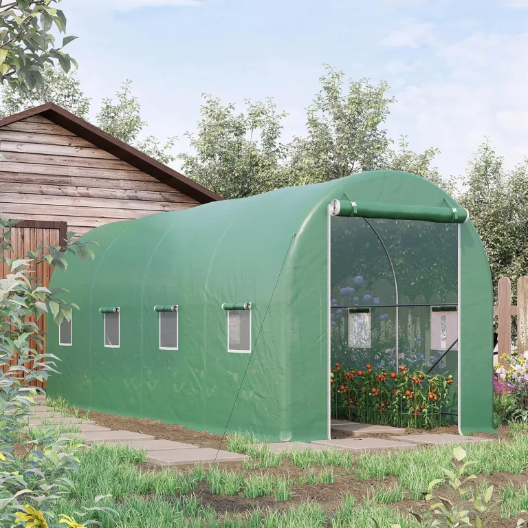 Outsunny Gewächshaus 500x200x205cm Foliengewächshaus Tomatenhaus mit Tür, 8 Fenster, Folientunnel aus verzinktem Stahl, PE, stabiles Treibhaus Pflanztunnel, inkl. Erdanker & Seilen, Grün – Bild 3