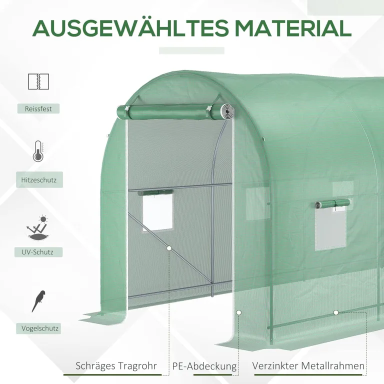 Outsunny Gewächshaus 500x200x205cm Foliengewächshaus Tomatenhaus mit Tür, 8 Fenster, Folientunnel aus verzinktem Stahl, PE, stabiles Treibhaus Pflanztunnel, inkl. Erdanker & Seilen, Grün – Bild 4