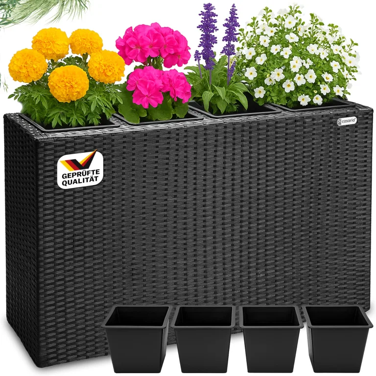 Casaria® Blumenkasten 4 Innentöpfe Polyrattan Herausnehmbar Wasserablauf Outdoor Rechteckig Pflanzkasten Blumentopf Hochbeet Pflanzkübel Schwarz – Bild 1