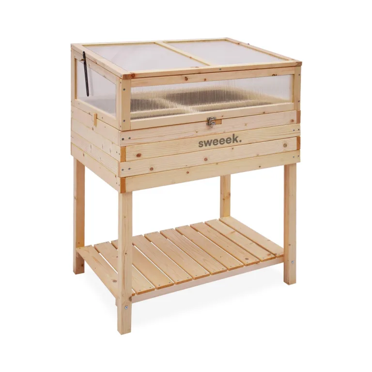 Alice's Garden - Holz Gemüsebeet auf Pfosten mit abnehmbarem Gewächshaus aus Polykarbonat, ERABLE, 2 in 1, mit Regal und Geotextil, 80 x 60 x 109 cm – Bild 1