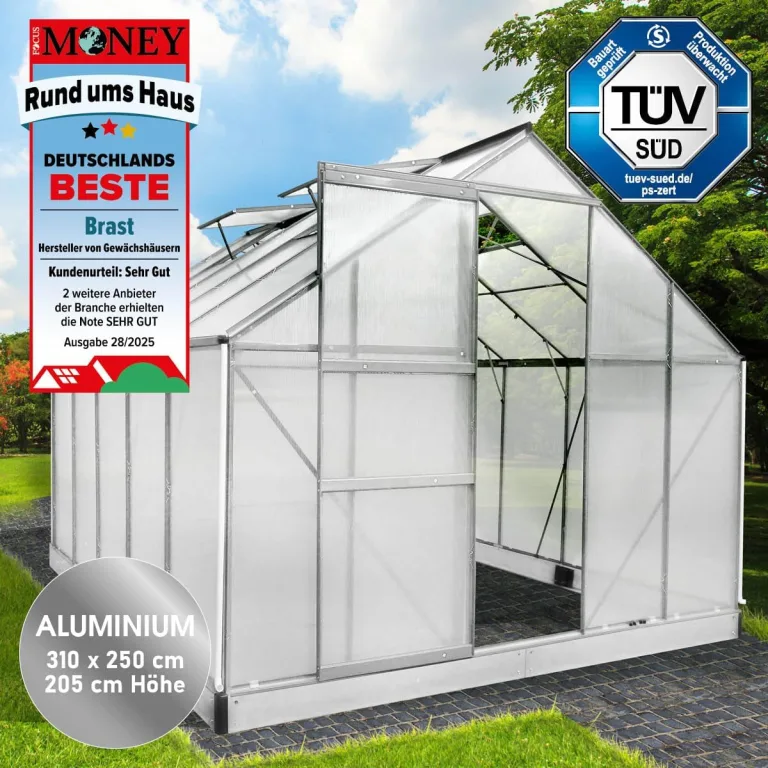 BRAST Gewächshaus Aluminium mit Fundament | 42 Modelle | 130x190x195cm - 490x250x235cm | TÜV geprüft | 6mm Hohlkammerplatten | rostfrei wetterfest temperaturbeständig | 310x250x205cm Silber – Bild 3