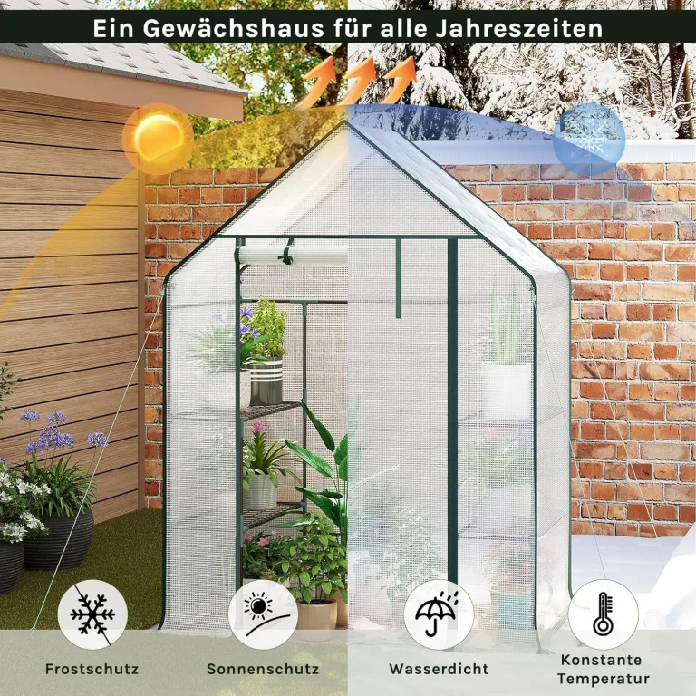 WOLTU Foliengewächshaus, Tomatengewächshaus für Garten Balkon, Indoor & Outdoor, Metallgestell, Gewächshaus mit 3 Ablagen, für Frühbeet Gemüse Blumen, 143 x 195 x 73 cm, Weiß – Bild 3