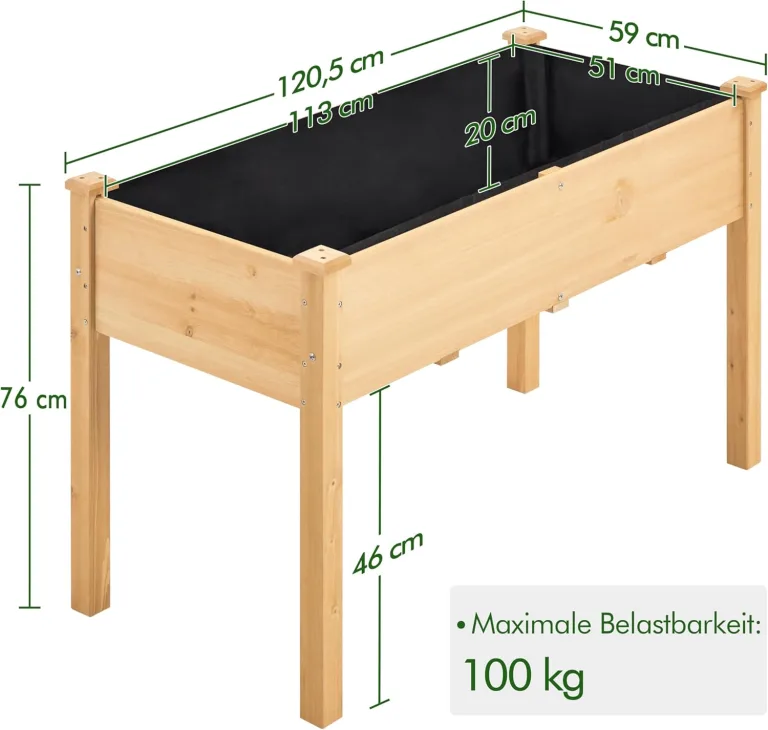 Yaheetech Hochbeet Pflanzkasten Blumenbett aus Holz, Kräuterbeet Frühbeet mit Abflusslöchern für Garten Balkon, Hellbraun 120,5 × 59 × 76 cm (LxBxH) – Bild 4