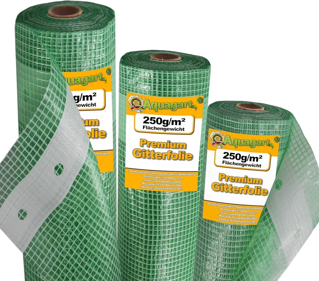 10m Reißfeste Gewächshaus-Folie 4m breit Gitterfolie mit Nagelrand von Aquagart I UV-Stabile Folie für Tomatenhaus Frühbeetfolie I Gewebefolie Gartenfolie Grün 250g