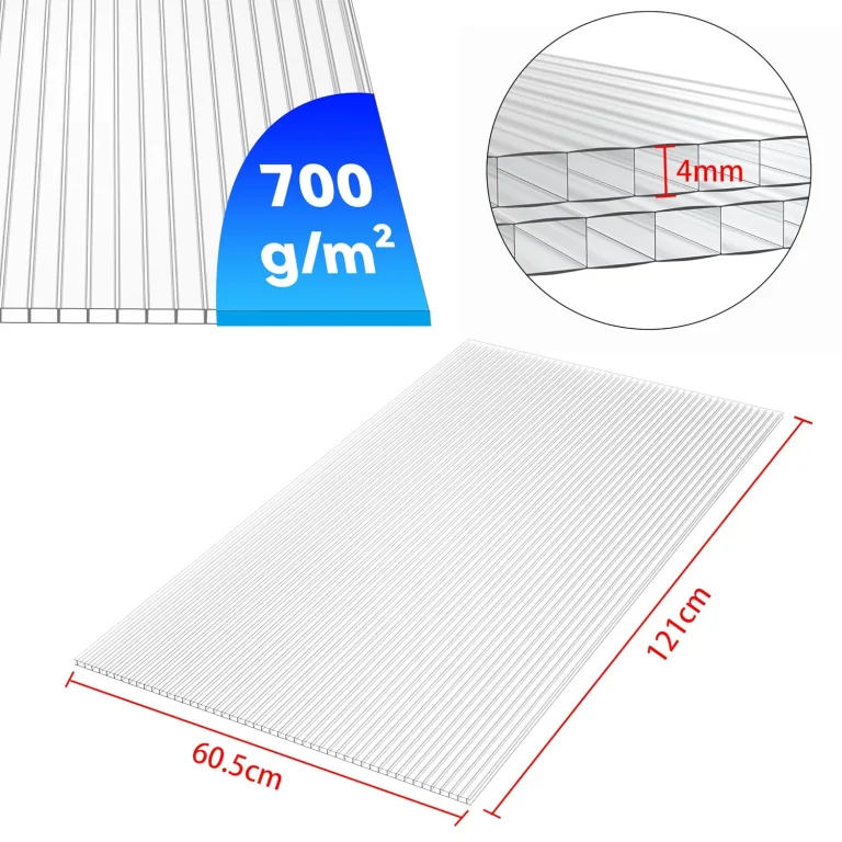 Froadp 14 Stück UV-beständigem Polycarbonat Hohlkammerstegplatten 700g/㎡ Doppelstegplatte Gewellte Gewächshausplatte für Garten Treibhaus(605x1210x4mm, Transparent) – Bild 2