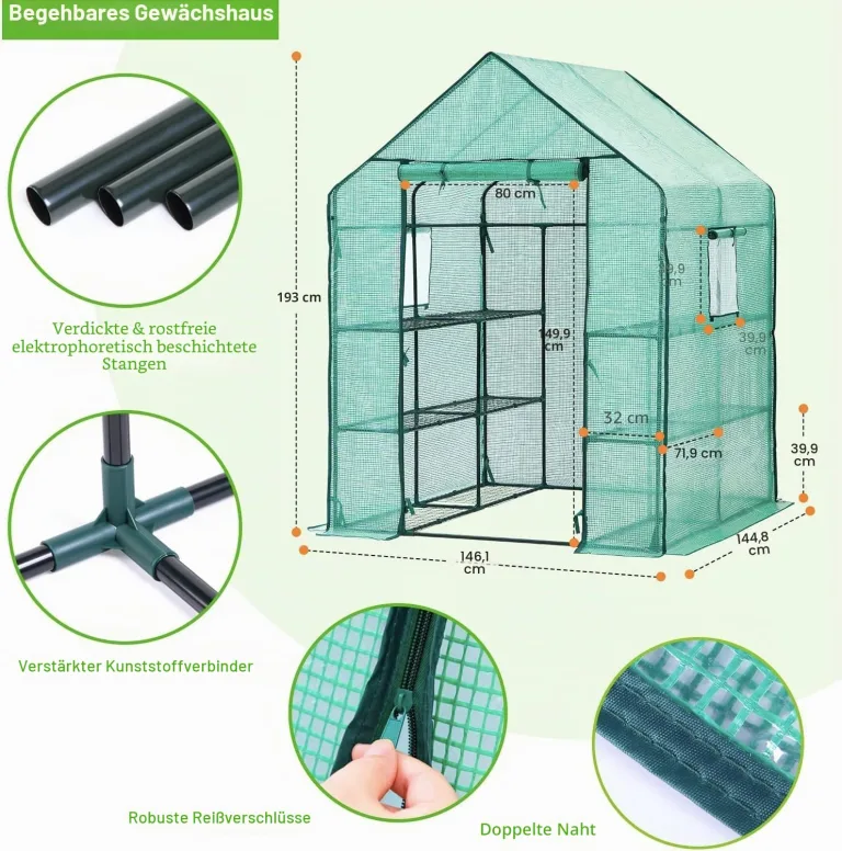 Ohuhu Gewächshaus Foliengewächshaus 3 Tiers 12 Regale | Winterfest & Stabil | Tomatengewächshaus für Pflanzen mit PE-Abdeckung | Tomatenhaus für Garten 145x145x195 cm Grün – Bild 6