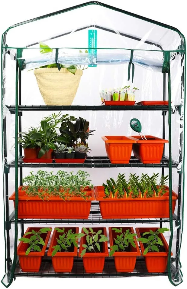 Upgrade Breiteres Gewächshausgemüse 4 Ebenen 102 cm x 49 cm x 160 cm Tragbares Innen-Außen-Gewächshaus für den Garten Durchsichtige PVC-Abdeckung Reißverschluss aufrollen – Bild 1