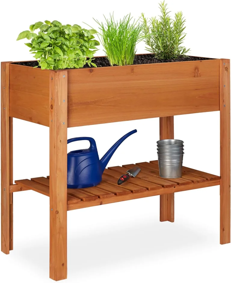 Relaxdays Hochbeet Holz, Ablagefach, Pflanzkasten Balkon, Terrasse, Garten, Kräuterbeet, HBT 80 x 88 x 43,5cm, hellbraun – Bild 1