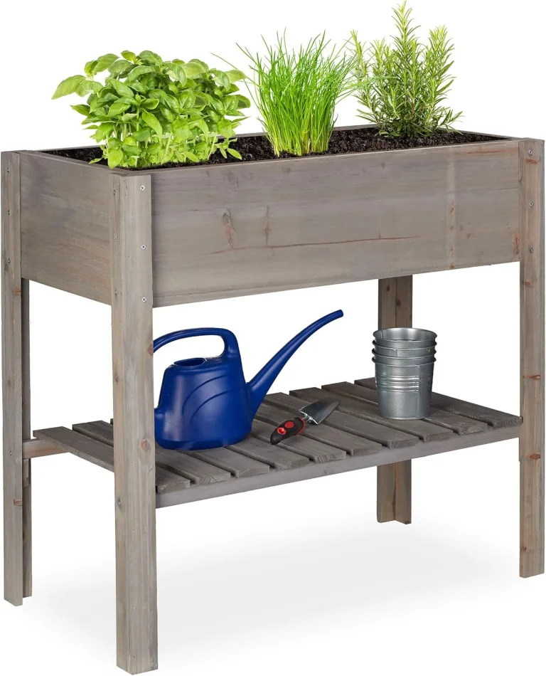Relaxdays Hochbeet Holz, Ablagefach, Pflanzkasten Balkon, Terrasse, Garten, Kräuterbeet, HBT 80 x 88 x 43,5 cm, grau – Bild 1