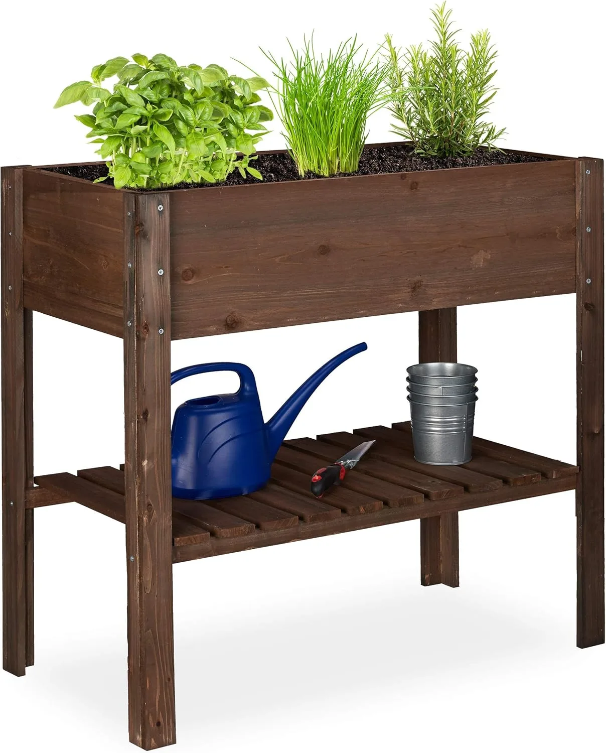 Relaxdays Hochbeet Holz, Ablagefach, Pflanzkasten Balkon, Terrasse, Garten, Kräuterbeet, HBT 80x88x43,5cm, dunkelbraun, Braun / Bronze / Kupfer - Bild 1