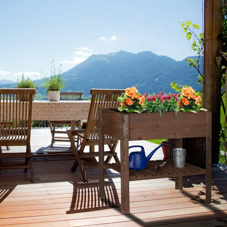 Relaxdays Hochbeet Holz, Ablagefach, Pflanzkasten Balkon, Terrasse, Garten, Kräuterbeet, HBT 80x88x43,5cm, dunkelbraun, Braun / Bronze / Kupfer – Bild 2