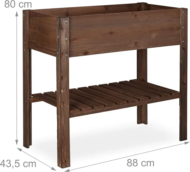 Relaxdays Hochbeet Holz, Ablagefach, Pflanzkasten Balkon, Terrasse, Garten, Kräuterbeet, HBT 80x88x43,5cm, dunkelbraun, Braun / Bronze / Kupfer – Bild 4