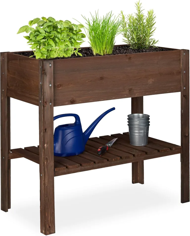 Relaxdays Hochbeet Holz, Ablagefach, Pflanzkasten Balkon, Terrasse, Garten, Kräuterbeet, HBT 80x88x43,5cm, dunkelbraun, Braun / Bronze / Kupfer – Bild 1