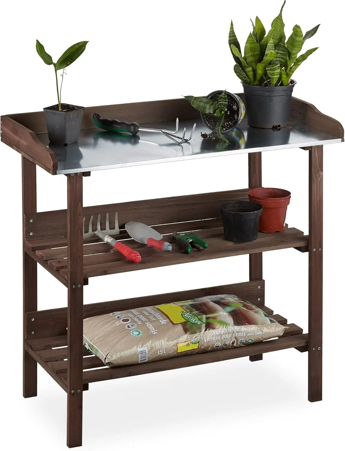 Relaxdays Pflanztisch, Gärtnertisch mit 3 Ebenen, Gewächshaus, Garten, Balkon & Terrasse, Holz, 86x92x42 cm, dunkelbraun - Bild 1