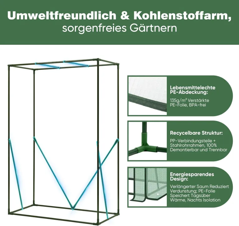 Sekey Tomatengewächshaus 150x100x50 cm, Kleines Gewächshaus, Robustes Foliengewächshaus Tomaten Gewächshaus für Balkon - Stabil, Winterfest & Einfach zu montieren, Grün – Bild 6