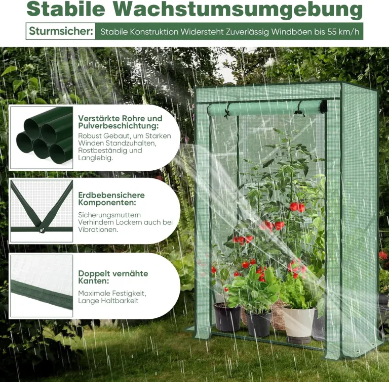 Sekey Tomatengewächshaus 150x100x50 cm, Kleines Gewächshaus, Robustes Foliengewächshaus Tomaten Gewächshaus für Balkon - Stabil, Winterfest & Einfach zu montieren, Grün – Bild 3