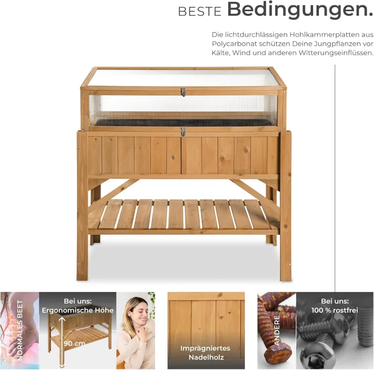 tectake® Frühbeet Aufsatz aus Holz, witterungsbeständig, Schutz vor Wind und Wetter, Frühbeetaufsatz mit funktionellen Hohlkammerplatten, 115 x 53 x 34 cm, kombinierbar Hochbeet 403232 – Bild 3