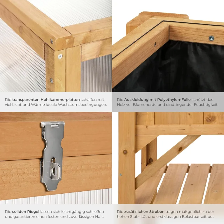 tectake® Frühbeet Aufsatz aus Holz, witterungsbeständig, Schutz vor Wind und Wetter, Frühbeetaufsatz mit funktionellen Hohlkammerplatten, 115 x 53 x 34 cm, kombinierbar Hochbeet 403232 – Bild 4
