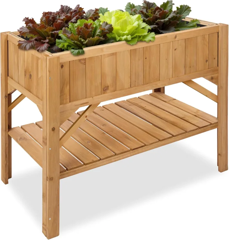 tectake® Hochbeet aus Holz mit Ablagefach, für Garten, Balkon und Terrasse, Innenleben mit Pflanzfolie ausgestattet, witterungsbeständig, 119 x 53 x 90 cm