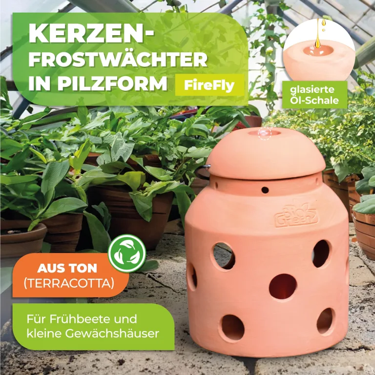 BioGreen Terracotta-Frostwächter Firefly | für kleine Gewächshäuser und Frühbeete | glasierte Ölschale im Deckel | Pilzform | ideal auch als Deko – Bild 4