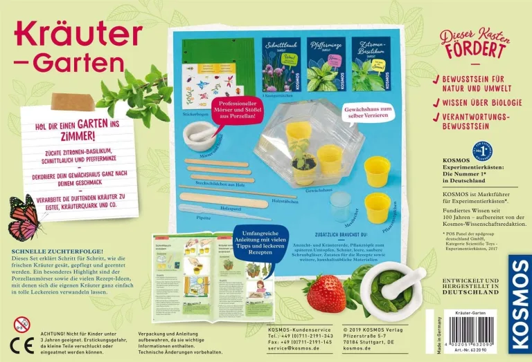 KOSMOS 632090 - Kräuter-Garten, Züchte duftende Kräuter auf der Fensterbank, Mit Gewächshaus und Mörser aus Porzellan, Experimentierkasten für Kinder ab 6 Jahre – Bild 7