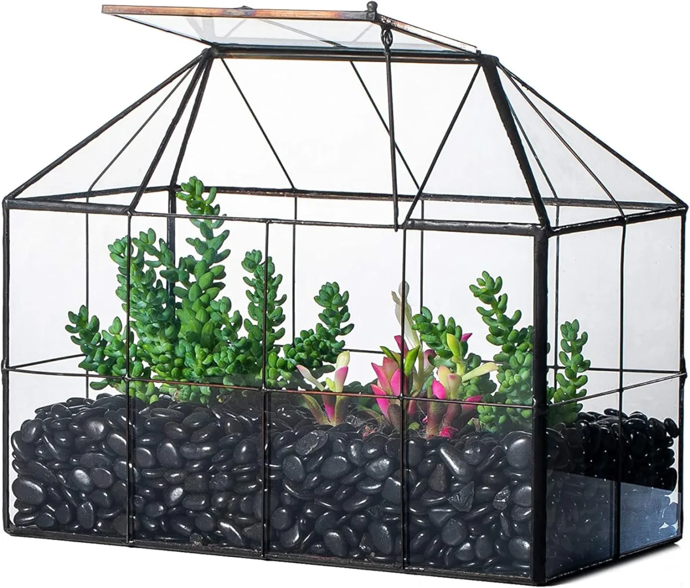 NCYP 25x13,5x20 cm Handmade Pflanzencontainer,Glas Geometrisch Pflanzen Terrarium, Schwarzes Gitter Haus-Form Gewächshaus Blumentopf, modernes Tischaufsatz (ohne Pflanzen) - Bild 1