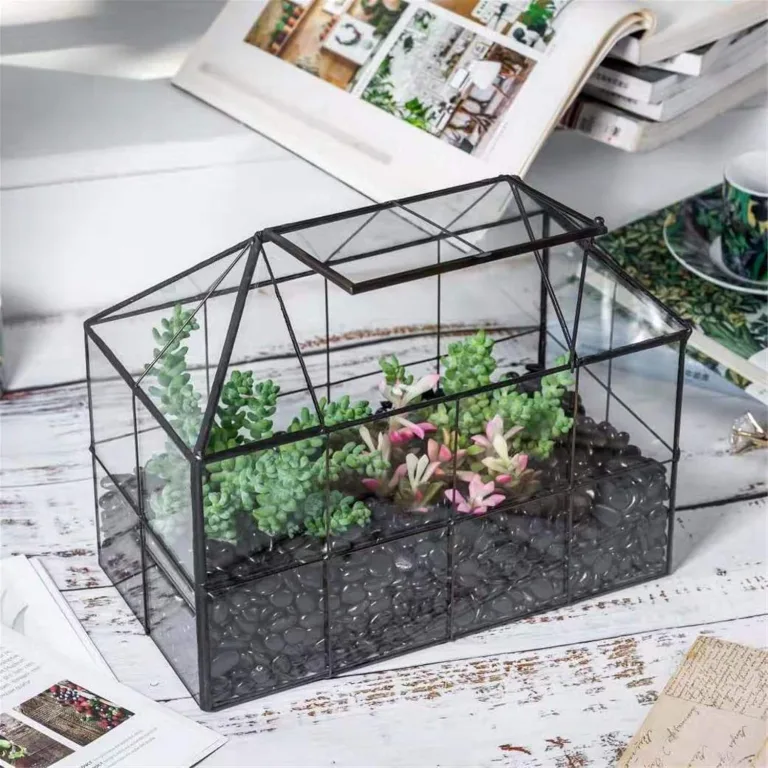 NCYP 25x13,5x20 cm Handmade Pflanzencontainer,Glas Geometrisch Pflanzen Terrarium, Schwarzes Gitter Haus-Form Gewächshaus Blumentopf, modernes Tischaufsatz (ohne Pflanzen) – Bild 3