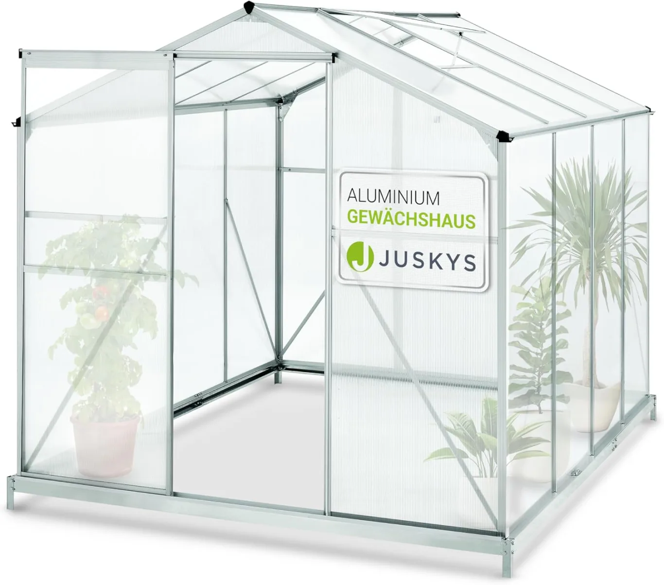 Juskys Aluminium Gewächshaus mit Fundament 4,75 qm - 190 × 253 cm - 1 Dachfenster & Schiebetür - 4 mm Platten - Garten Treibhaus Pflanzenhaus - Bild 1