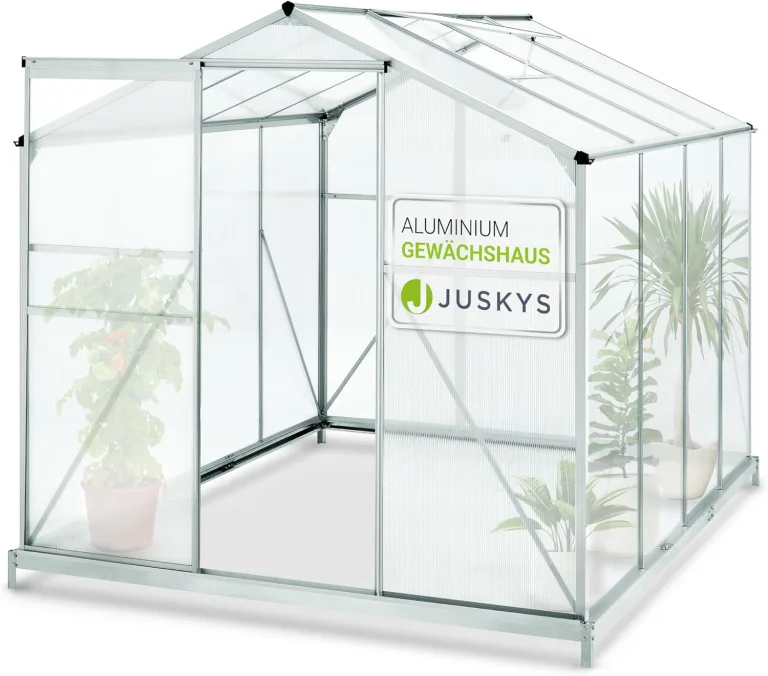 Juskys Aluminium Gewächshaus mit Fundament 4,75 qm - 190 × 253 cm - 1 Dachfenster & Schiebetür - 4 mm Platten - Garten Treibhaus Pflanzenhaus – Bild 1