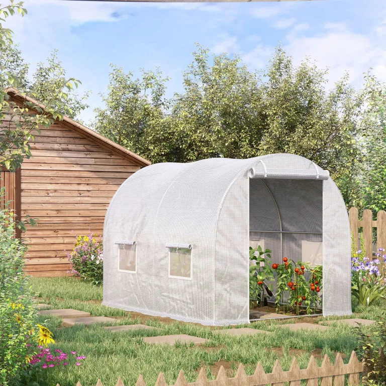 Outsunny Gartengewächshaus Tunnel 6 m² 3L x 2l x 1,9H m Verzinkter Stahl verstärkt Durchmesser 2,4 cm + PE High Density Fenster Tür Weiß – Bild 2