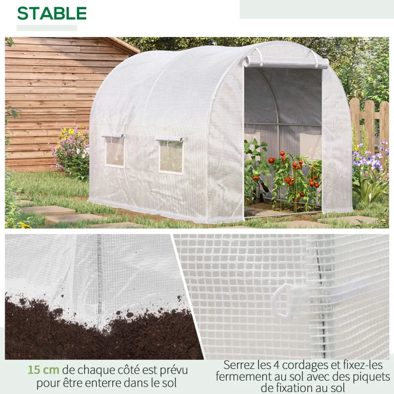 Outsunny Gartengewächshaus Tunnel 6 m² 3L x 2l x 1,9H m Verzinkter Stahl verstärkt Durchmesser 2,4 cm + PE High Density Fenster Tür Weiß – Bild 4