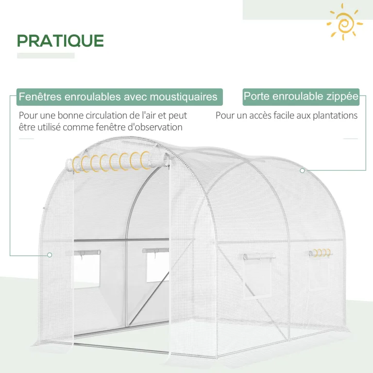 Outsunny Gartengewächshaus Tunnel 6 m² 3L x 2l x 1,9H m Verzinkter Stahl verstärkt Durchmesser 2,4 cm + PE High Density Fenster Tür Weiß – Bild 5