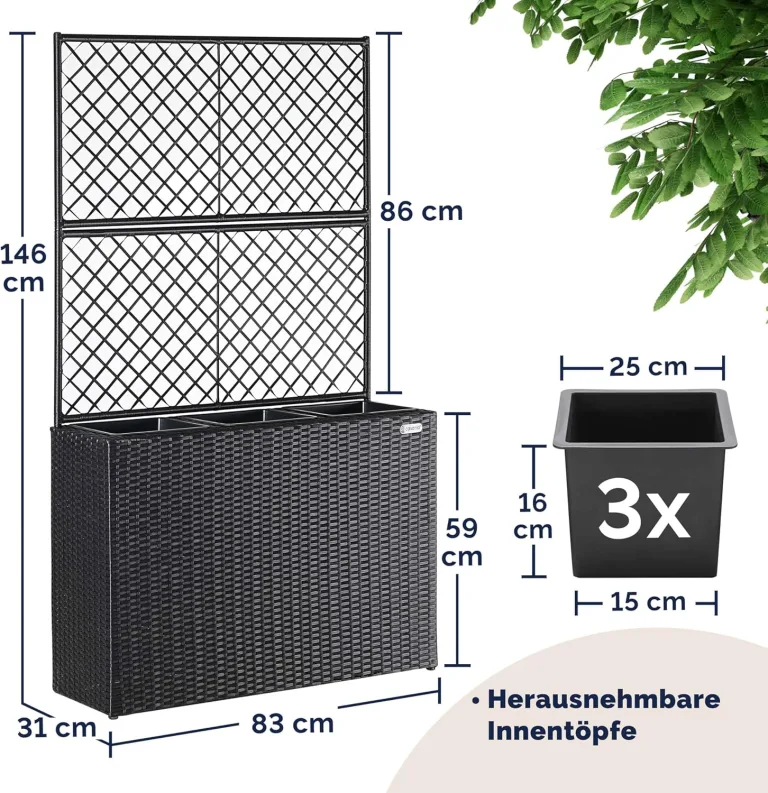 Casaria® Blumenkasten Rankgitter 3 Innentöpfe Polyrattangeflecht Rankhilfe Blumentopf Rattanoptik Pflanzkasten Schwarz – Bild 4