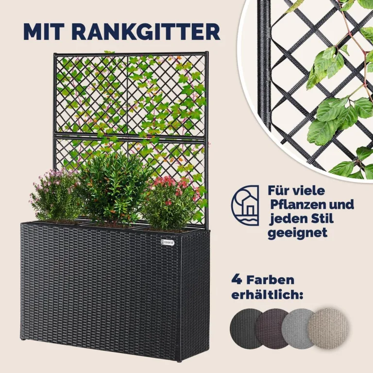 Casaria® Blumenkasten Rankgitter 3 Innentöpfe Polyrattangeflecht Rankhilfe Blumentopf Rattanoptik Pflanzkasten Schwarz – Bild 5