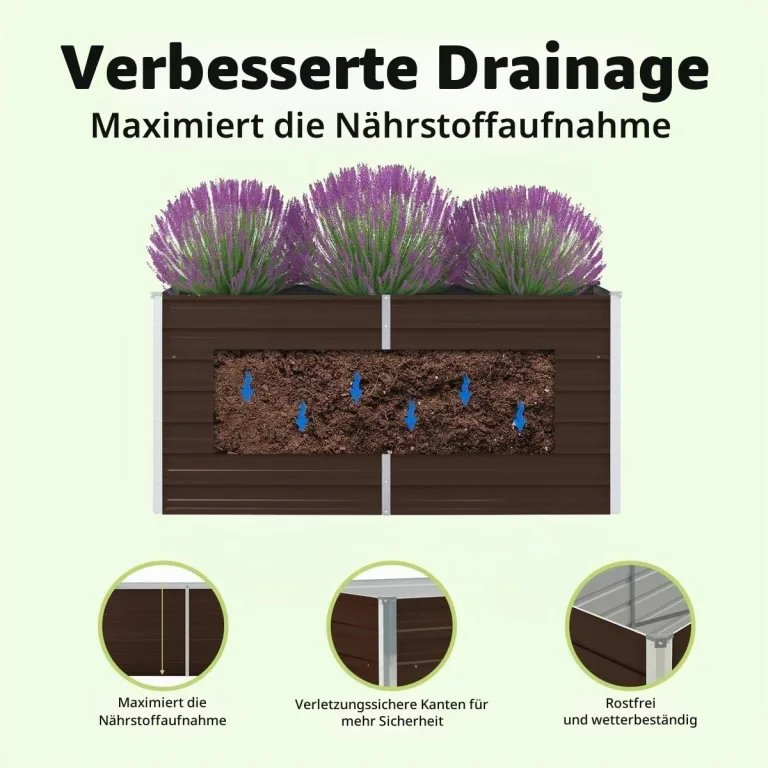 vidaXL Hochbeet Pflanzenbeet Gemüsebeet Pflanzkasten Frühbeet Gartenbeet Pflanzkübel Blumenkasten Blumenbeet 160x80x45cm Verzinkter Stahl Braun – Bild 7