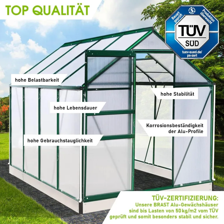 BRAST Gewächshaus Aluminium mit Fundament | 42 Modelle | 130x190x195cm - 490x250x235cm | TÜV geprüft | 6mm Hohlkammerplatten | rostfrei wetterfest temperaturbeständig | 250x190x195cm Grün – Bild 4