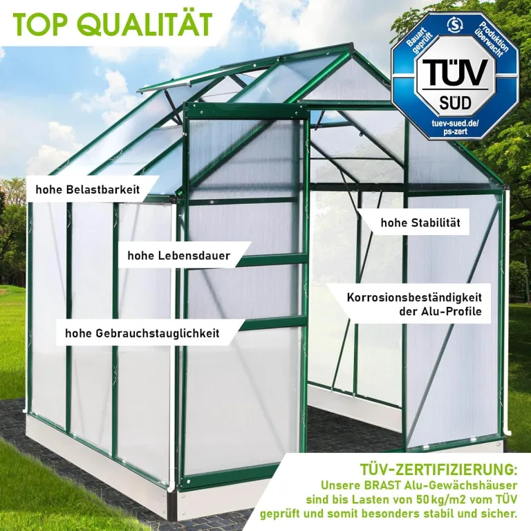 BRAST Gewächshaus Aluminium mit Fundament | 42 Modelle | 130x190x195cm - 490x250x235cm | TÜV geprüft | 6mm Hohlkammerplatten | rostfrei wetterfest temperaturbeständig | 190x190x195cm Grün – Bild 4
