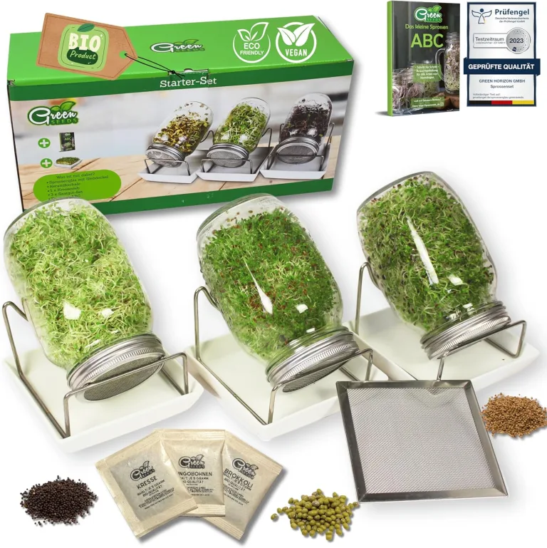 [Das Original Sprossenglas 3er Set + KRESSESIEB | 1000ml mit hochwertigem Edelstahl-Gitterdeckel, Ständer, Keramikschale + Sprossen-ABC [Druckversion] Keimglas Anzuchtschale Kresseschale – Bild 1