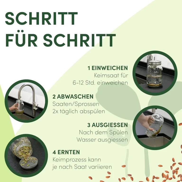 [Das Original Sprossenglas 2er Set + KRESSESIEB + 3 x Saatgut-Set mit hochwertigem Edelstahl-Gitterdeckel, Ständer, Keramikschale + Sprossen-ABC [Druckversion] Keimglas Anzuchtset – Bild 5