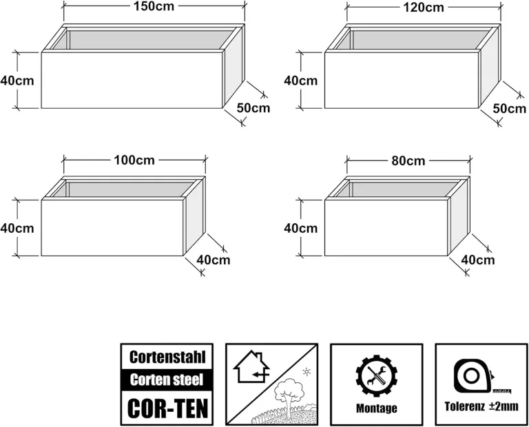 Köhko® Designer Hochbeet Rahmen (Ohne Boden) aus Cortenstahl als Bausatz TROG 120x50x40 cm… – Bild 4