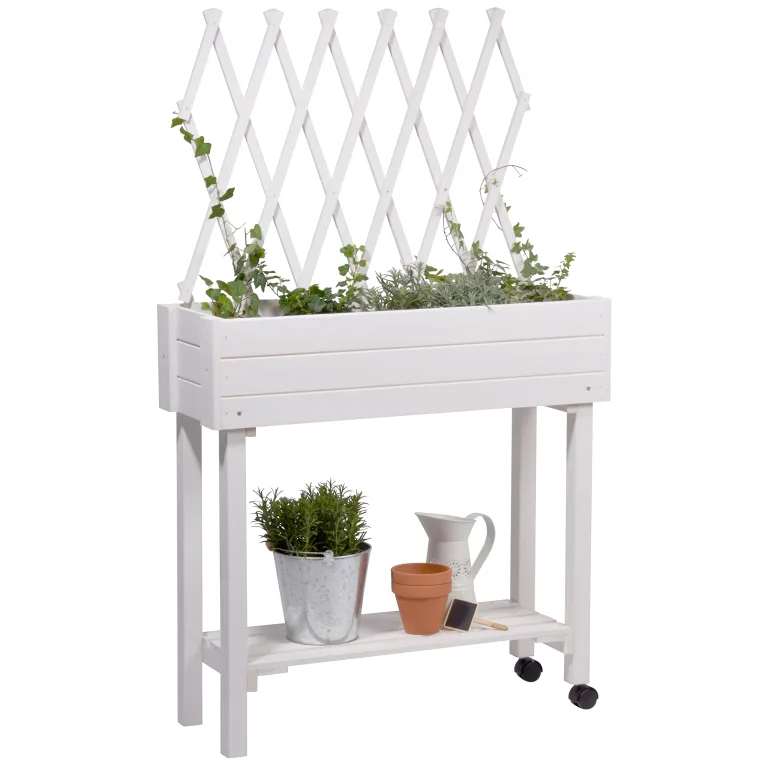 dobar® 58186e rollbares Hochbeet mit Rankgitter | Pflanzkasten auf Rollen | Blumenbeet aus Massiv-Holz | Schmales Kräuterbeet für Garten/Terrasse/Balkon | 79 x 28,5 x 130 cm | Weiß – Bild 1