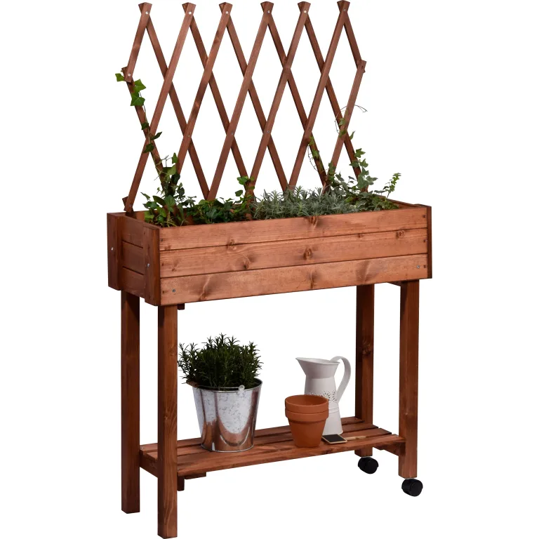 dobar® 58187e rollbares Hochbeet mit Rankgitter | Pflanzkasten auf Rollen | Blumenbeet aus Massiv-Holz | Schmales Kräuterbeet für Garten/Terrasse/Balkon | 79 x 28,5 x 130 cm | Braun – Bild 1