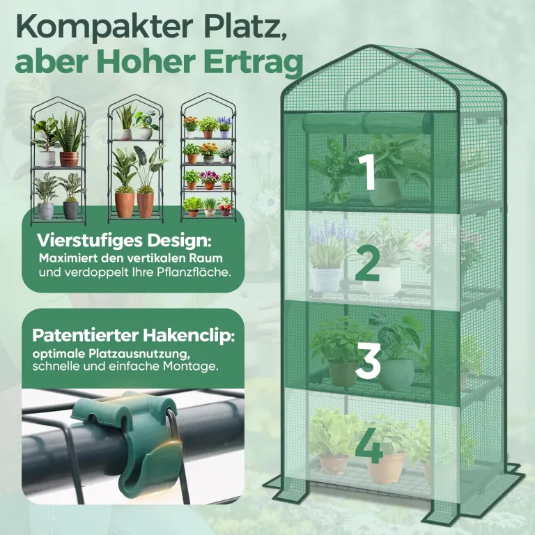 Sekey Mini Tomatengewächshaus mit 4 Regalböden, Folie Gewächshaus Klein Tomatenhaus Balkon Garten, Kleines Foliengewächshaus Stabil 160*70*50 cm, Grün – Bild 5
