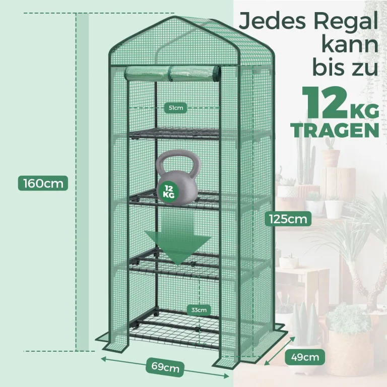 Sekey Mini Tomatengewächshaus mit 4 Regalböden, Folie Gewächshaus Klein Tomatenhaus Balkon Garten, Kleines Foliengewächshaus Stabil 160*70*50 cm, Grün – Bild 6