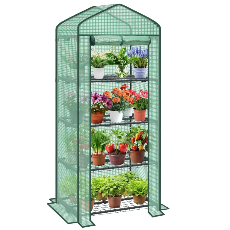 Sekey Mini Tomatengewächshaus mit 4 Regalböden, Folie Gewächshaus Klein Tomatenhaus Balkon Garten, Kleines Foliengewächshaus Stabil 160*70*50 cm, Grün – Bild 1
